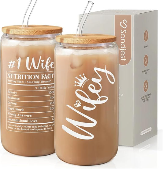 SANDJEST Wife Glass Can, Wifey Cup with Lid & Straw, Iced Coffee Aesthetic Cups, Idea Gift for Christmas Marriage Birthday Anniversary Valentine, Gifts for Women, 16oz