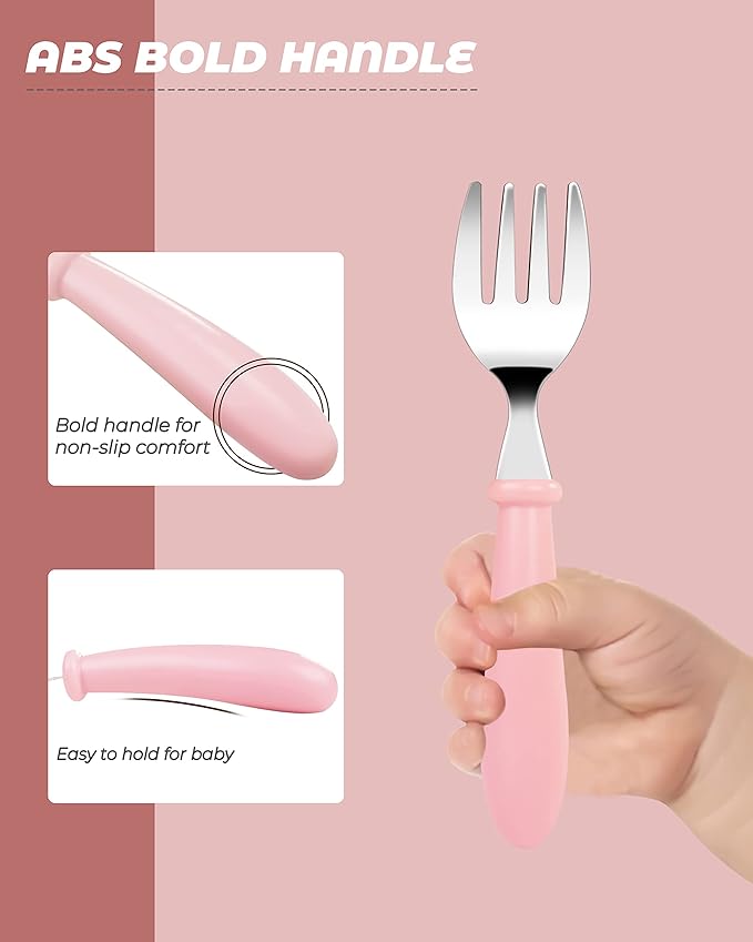 DF DUALFERV 10 pcs Toddler Utensils, Stainless Steel Toddler Silverware Set with Round Handle, Baby Forks for Self Feeding, 5 Forks and 5 Spoons