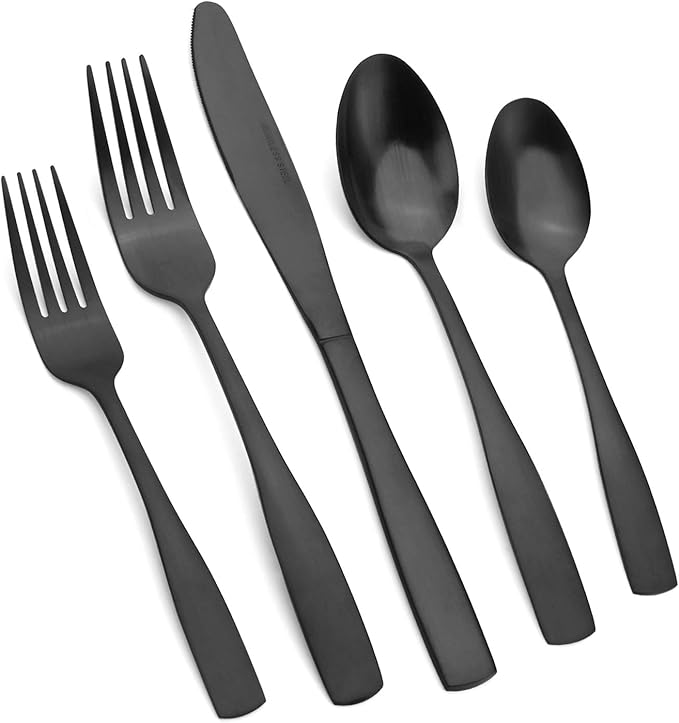 Vanys 20-Piece Silverware Set, Satin Finish Flatware Cutlery Set Service for 4, Knives/Forks/Spoons Included, Dishwasher Safe (Matte Black)