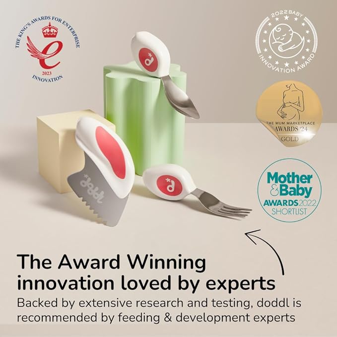 doddl Toddler Utensils, Ergonomic Fork Spoon and Knife Set for Self Feeding, Stainless Steel Silverware for 1-3 Year Olds, BPA Free, Dishwasher Safe (Magenta)