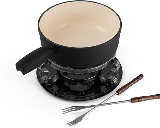 Swissmar Lugano Cast Iron Cheese Fondue Set, 9-Piece, 2 QT / 2 L - Ideal for Melting Cheese, Chocolates, Caramel, & More - Perfect for Kitchen Collection & Gift Giving - Matte Black