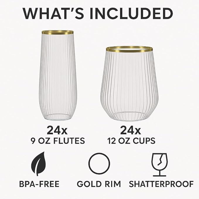 48 Pack Ribbed Origami Ripple Plastic Glasses, 24 9 Ounce Stemless Champagne Flutes & 24 12 Ounce Cups, BPA-Free Disposable Shatterproof Toasting Glasses for Weddings, Bars, and Events (Gold Rim)