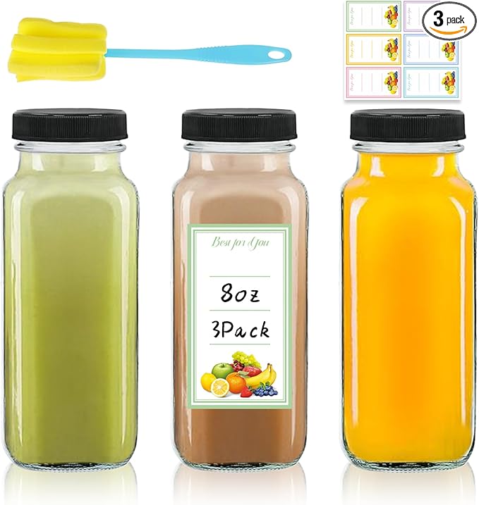 3 Pack 8oz Glass Juice Bottles with Lids, 250ml Reusable Glass Juicing Bottles, Square Drinking Jars Drink Containers with Caps for Water, Milk, Ginger, Kombucha, Beverages