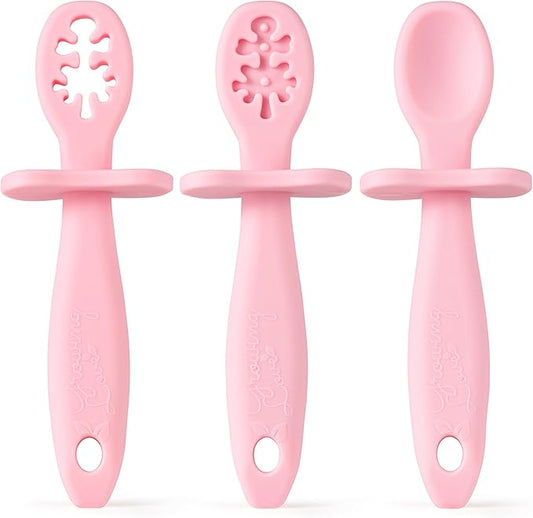 Growing Love Baby Spoons Set, Self Feeding 6 months, Pre-Spoon, Baby utensils, Toddler spoon, training spoon, cuchara bebe, blw, 100% silicone, Anti choke shield (pink)