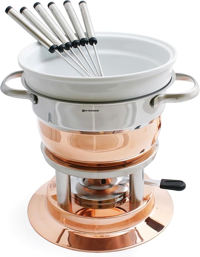 Swissmar Lausanne 11-Piece Copper Plated Fondue Set - Ideal for Cheese & Chocolate Fondue, Oil & Broth Cooking - Perfect for Kitchen Collection & Wedding Gifts - 1.8 Liter / 1.9 Quarts