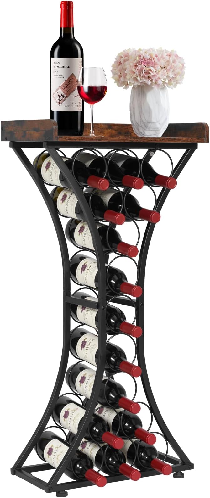 VEVOR 15 Bottle Wine Rack, Freestanding Floor Wine Holder Stand Liquor Cabinet with Wood Tabletop, Easy Assembly Floor Storage Rack, for Home Bar Kitchen Living Room Dining Room, Black