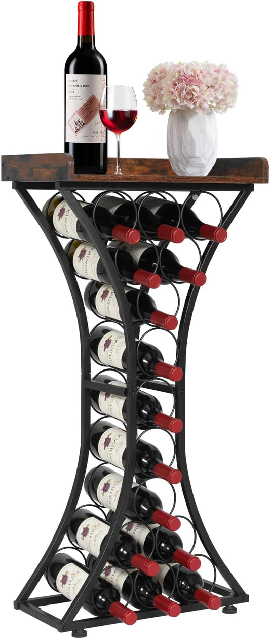 VEVOR 15 Bottle Wine Rack, Freestanding Floor Wine Holder Stand Liquor Cabinet with Wood Tabletop, Easy Assembly Floor Storage Rack, for Home Bar Kitchen Living Room Dining Room, Black