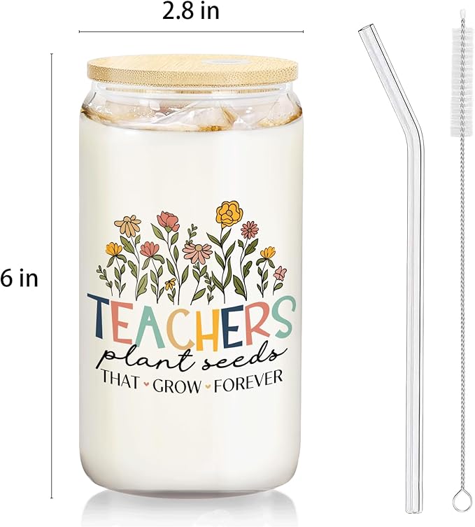 Floral Teacher Glass Cup with Lids and Straws 14oz, Thank You Teacher Gifts, Best Teachers Gifts for Women Glass Iced Coffee Tumbler Drinking Jars with Cleaning Brush