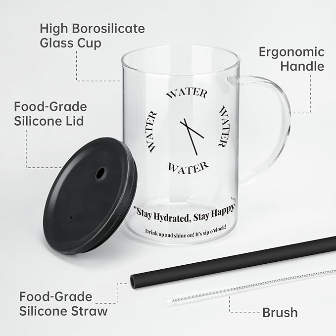 NiHome 33oz Glass Handle Cup with Silicone Lid and Straw for Daily Hydration, Large Capacity for Hot Tea, Iced Coffee, Smoothies, Ergonomic Design with Modern Minimalist Clock Pattern, Dishwasher Safe