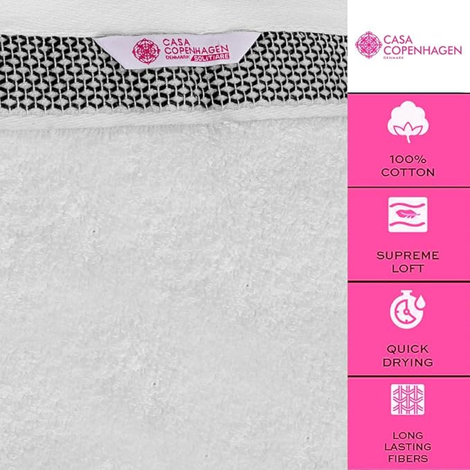 CASA COPENHAGEN Solitaire 6 Pieces Towel Set- Snow White, 600 GSM 2 Bath Towel 2 Hand Towel 2 Washcloth, Designed in Denmark Made of Soft Egyptian Cotton for Bathroom, Kitchen & Shower