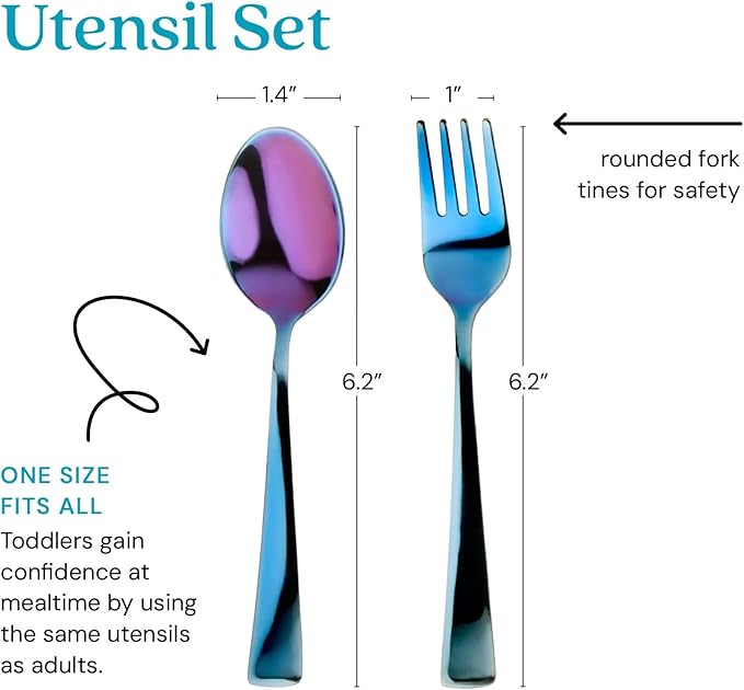 Ahimsa Stainless Steel Kids Utensils, 8 Pieces Kids Fork and Spoon Set, Pediatrician Designed Toddler Utensils, 100% BPA Free & Dishwasher Safe (Iridescent Blue)