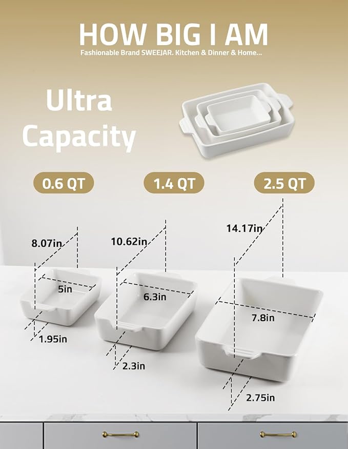 Sweejar Ceramic Bakeware Set, Rectangular Baking Dish for Oven Lasagna Pans for Cooking, Kitchen, Cake Dinner, Banquet and Daily Use, 11.8 x 7.8 x 2.76 Inches of Casserole Dishes (Beige)