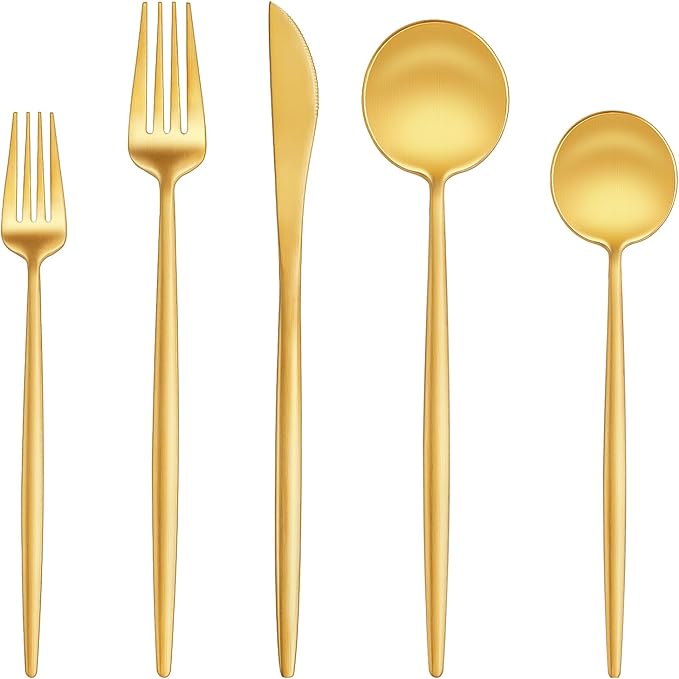 EUIRIO 20-Piece Matte Gold Silverware Set, Modern Flatware Set for 4, Premium Stainless Steel Cutlery Set with Forks Spoons and Knives, Heavy Duty Utensil Sets, Dishwasher Safe