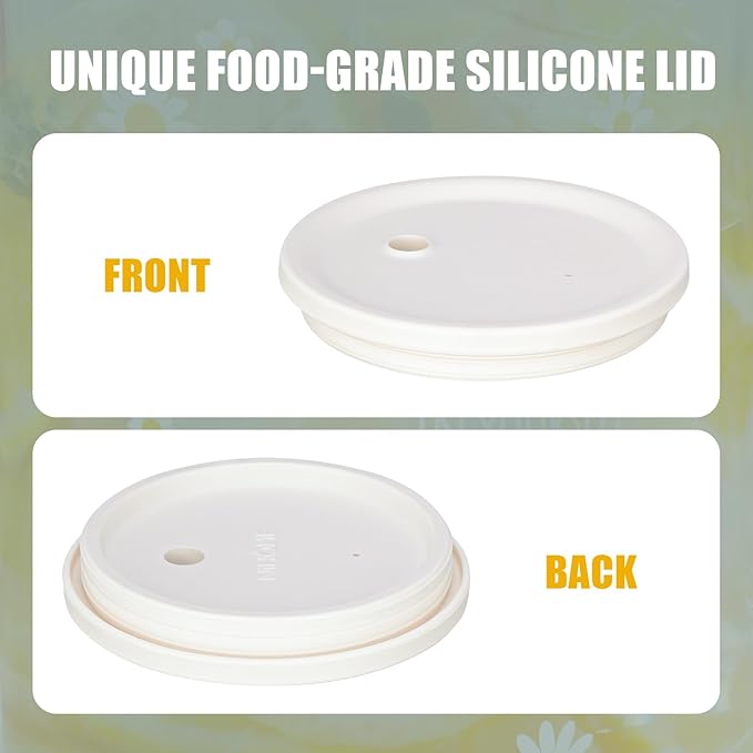 NiHome 33oz Large Clear Glass Cup with Handle, Silicone Lid & Straw, Wide Mouth Glass Coffee Mug for Hot and Cold Drinks, Glass Tumbler Set with Decorative Daisy Pattern for Coffee/Beer/Milk/Tea/Water