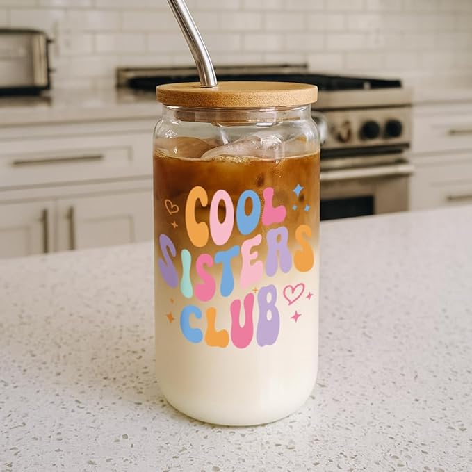 Cool Sister Club,Cute Sister Birthday Gifts for Women,Christmas,Thanksgiving Gifts for Sisters in Law,Big Sis,Little Sis,16oz Glass Coffee Cups with Lids and Straw -65