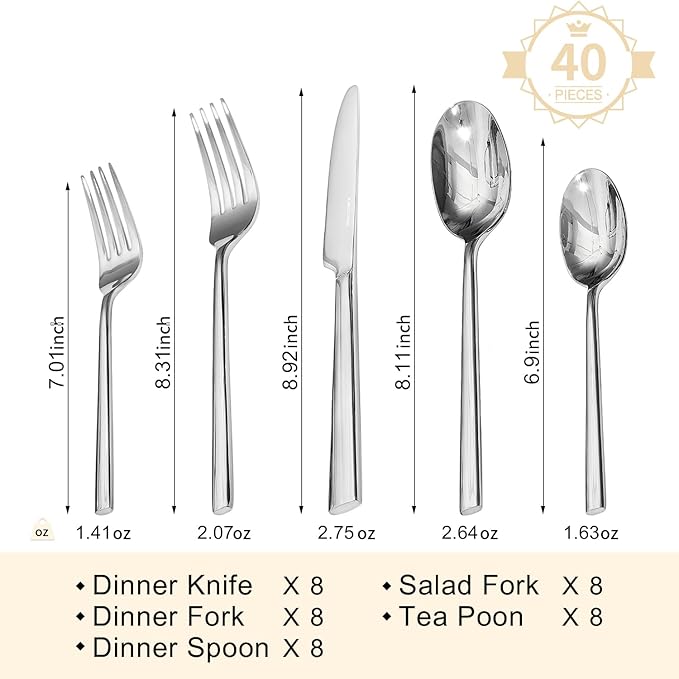 KINGSTONE Silverware Set, 40-Piece Forged Flatware Cutlery Set Premium Stainless Steel, Service for 8, for Home, Wedding, Party,Gift, Mirror Polished and Dishwasher Safe