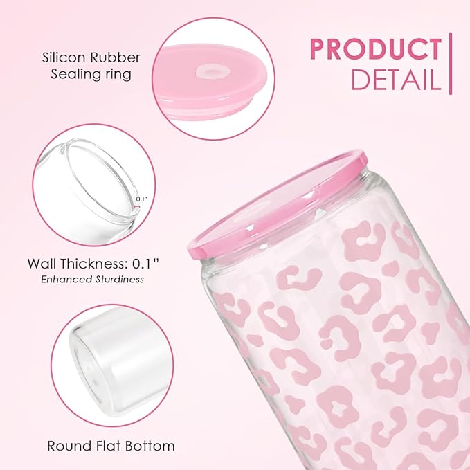 SANDJEST Leopard Glass Bottle, Pink Leopard Print Glass Cup with Lid & Straw, Iced Coffee Aesthetic Glass Can, Gifts for Women, Christmas Birthday Mother's Day