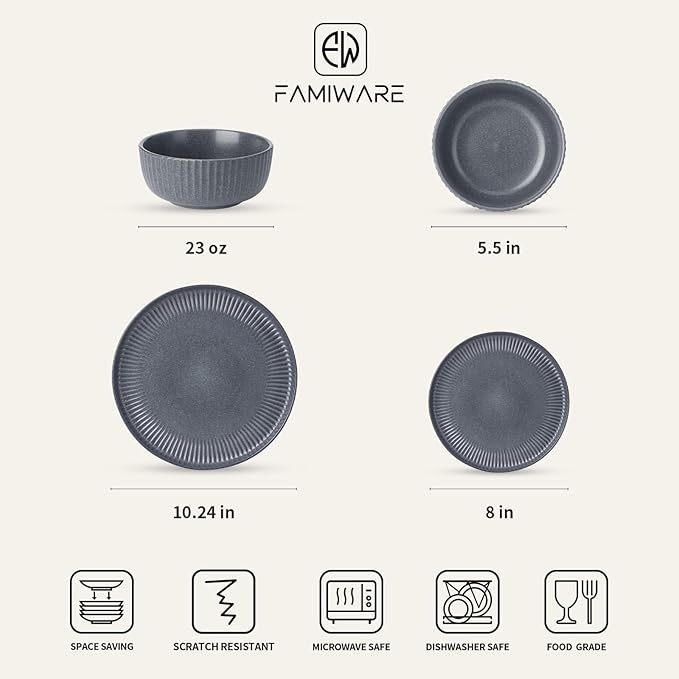 Famiware Starlight Plates and Bowls Dishes Set of 4 (12 Pieces), Ribbed Textured Stoneware Dinnerware Sets- Dishwasher & Microwave Safe, Chip Resistant, Matte Midnight Grey