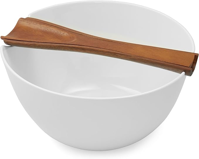 Nambé Quatro Salad Bowl with Servers - Bone China & Acacia Wood Serving Set, Elegant White Salad Serving Bowl for Salads, Pasta & Gatherings, 11” x 5.5”, Modern Tableware & Entertaining Serveware