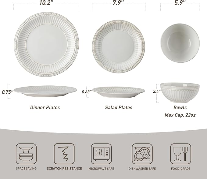 Famiware Garden Plates and Bowls Sets, 18-Piece Dishes Set for 6, Scratch Resistant Kitchen Dishes Dinnerware Set - Microwave and Dishwasher Safe, Reactive Glaze and Embossed Stoneware, White
