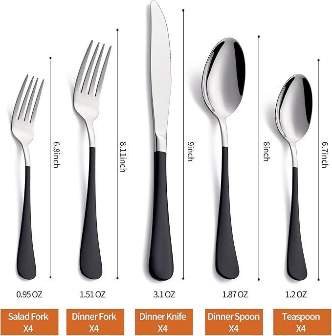 20 Piece Black 18/0 Flatware Utensil Set for 4, Include Dinner Knife,Dinner Forks,Dinner Spoons,Salad Forks,Teaspoons,Silverware Set for 4, Dishwasher Safe