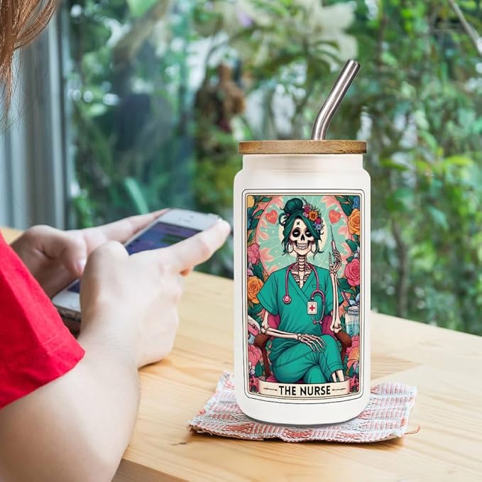 FALJIOK The Nurse Tarot Glass Cup w/Lid Straw 16OZ, RN Gifts for Nurses Women, Fun Nursing Gift for Halloween Christmas, Nurse Skeleton Appreciation Gifts