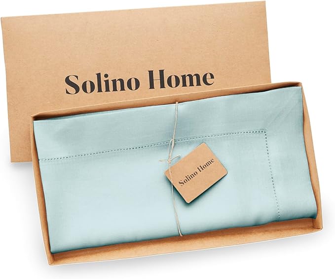 Solino Home Linen Square Tablecloth 52 x 52 Inch - 100% Pure Linen Aqua Blue Table Throw - Classic Hemstitch, Machine Washable Table Cloth for Winter