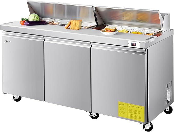 VEVOR 72"W Commercial Refrigerator, 18.7 Cu. Ft Sandwich Prep Refrigerated Table, Mega Top Food Prep Fridge with 18 Pans and Cutting Board, Stainless Steel Salad Prep Cooler for Restaurant, Food Truck