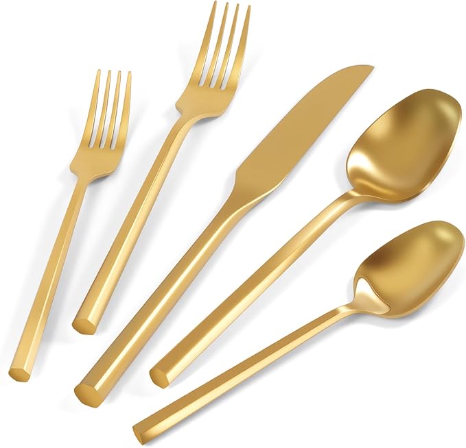 Silverware Set 20-Piece Stainless Steel Matte Gold Cutlery, Hand Forged Thick Hexagon Handle Flatware Sets, Service for 4