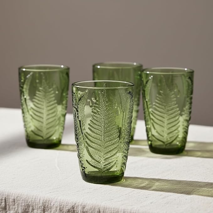 Vintage Green Drinking Glasses Set of 8, 12 oz Handcrafted Green Glass Tumblers, Fern Embossed Antique Colored Glassware, Boho Aesthetic Textured Highball Cups, Retro Drinkware Christmas Gift Set