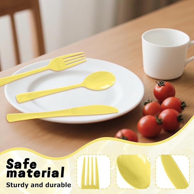 150 Pack Disposable Plastic Silverware, Heavy Duty Light Yellow Plastic Cutlery Set Includes 50 Forks 50 Knives 50 Spoons for Birthday Wedding Party Picnics (150, Light Yellow)