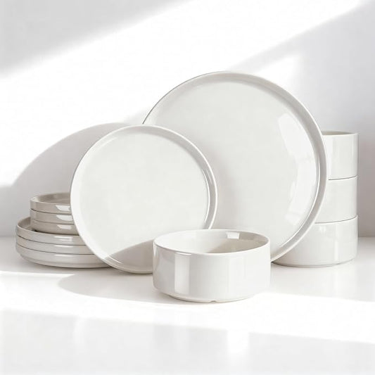 Famiware Porcelain Dinnerware Set, 12-Piece Modern Plate and Bowl Set, Dish Set for 4, Microwave and Dishwasher Safe Tableware, White