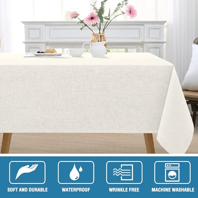 H.VERSAILTEX Linen Textured Tablecloth 60 x 60 Waterproof Decorative Table Cloth Spill-Proof Linen Look Cover for Party Table Extra Soft and Thick Fabric Wrinkle Free, Heather Ivory