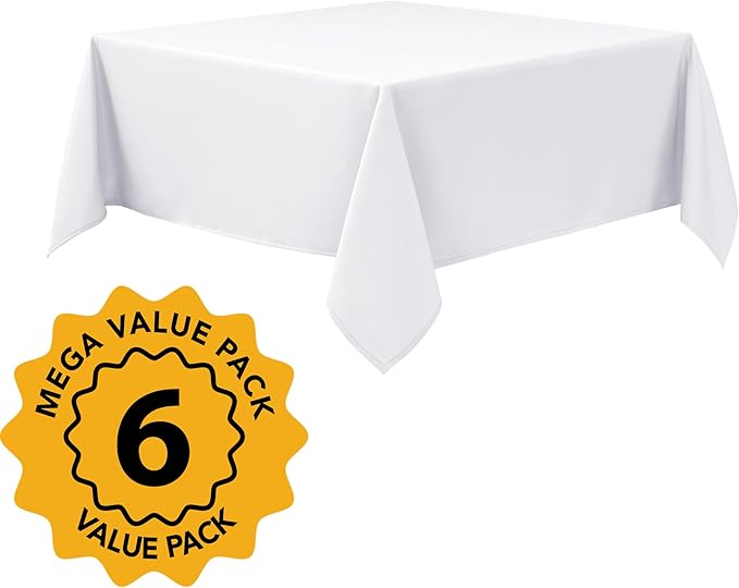 6-Pack White Tablecloths for Square Tables, 54 x 54 Inches, Stain-Resistant Polyester Fabric for 2 Foot Tables - Washable Table Covers for Weddings, Banquets, Birthday Parties, Events