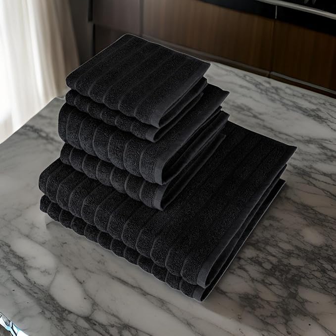 Classic Turkish Towels CTT Luxury 6 Piece Towel Set, 100% Turkish Cotton, Quick Drying, Highly Absorbent & Comfy, Includes 2 Bath Towels, 2 Hand Towels & 2 Washcloths | (Black)