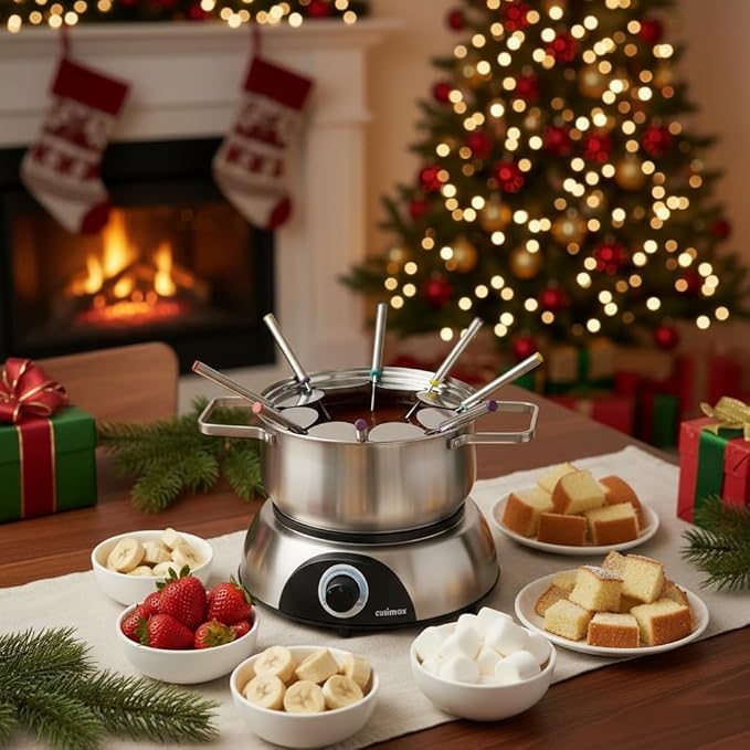 CUSIMAX Electric Fondue Set, 1500W Electric Fondue Pot with Luminated Control Dial, 8 Colour Coded Stainless Steel Forks, For Chocolate, Cheese, Broth, Oil, Stainless Steel Fondue Maker, 1.4Quart