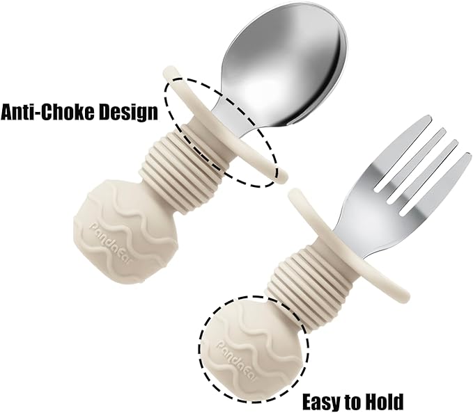 PandaEar 6 Pack Stainless Steel Toddler Spoons and Fork Feeding Set - Anti-Choke First Self Feeding Utensils for Kids Baby Girls Led Weaning Ages 18 Months+ (Pink/Beige)