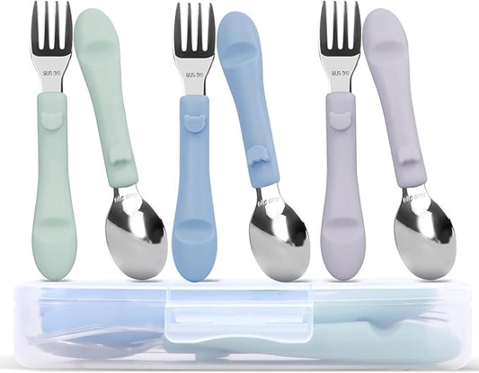 6PCS Toddler Utensils, 316 Stainless Steel Baby Safe Forks + Spoons with Silicone Handle, BPA Free Dishwasher Safe Kids Silverware Cutlery with Box, Sage/Blue/Lilac