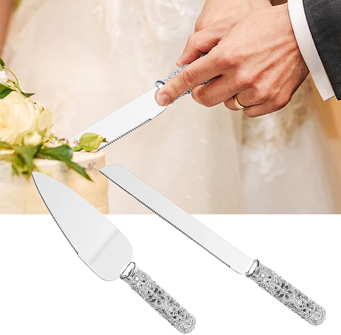 Wedding Cake Knife and Server Set - 2 Piece Dessert Set Metal Handle with Crystal Stones Decoration for Wedding, Anniversary Party Birthday Banquets and Gifts for Bride and Groom