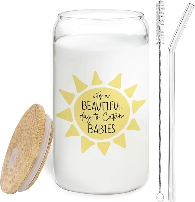 Funny Midwife Doula Gifts Glass Cup with Lids and Straws 14oz - OBGYN Doctor Nurse Labor and Delivery NurseGifts, OBGYN Glass Coffee Tumbler Drinking Jars with Cleaning Brush