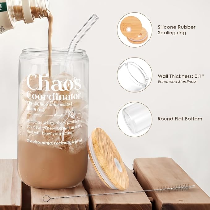 Chaos Coordinator 16oz Can Glass Tumbler with Bamboo Lid & Straw, Iced Coffee Cup for Female Coworker Friends Colleagues, Aesthetic Cups Gifts for Birthday Christmas Farewell Retirement