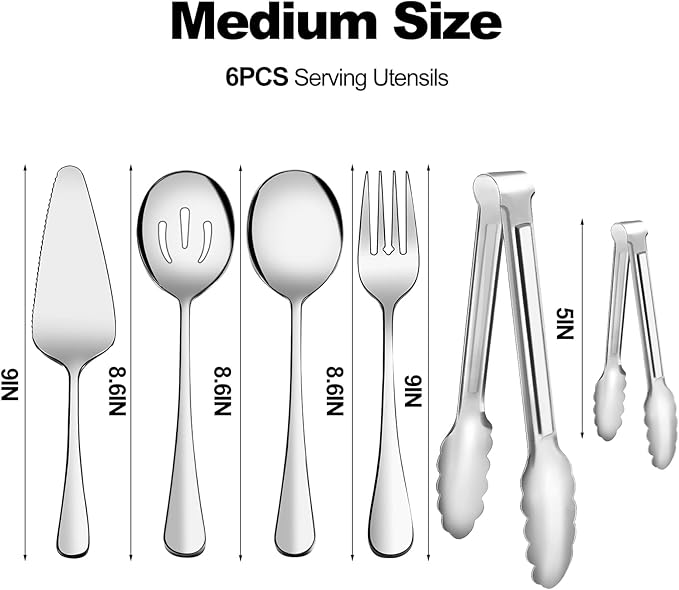 Serving Utensils, XEVOM 6-Piece Stainless Steel Serving Utensil Set Include Serving Spoon, Slotted Serving Spoon, Serving Fork,Serving Tong, Appetizers Tong,Pie Server (Silver), Regular