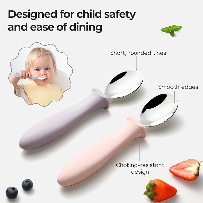 6 PCS Toddler Spoons Set - Baby Spoons with Silicone Handle Children Food Grade 18/8 Stainless Steel Toddler Utensils Set for Self Feeding Kids Silverware Set Safe Anti-Choke Design Dishwasher Safe