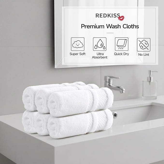 REDKISS Luxury Washcloths for Showering, 13x13 inch, 100% Cotton Premium Wash Cloths Set of 6, Super Soft and Highly Absorbent Face Towels for Bathroom, Spa, Gym and Hotel, White