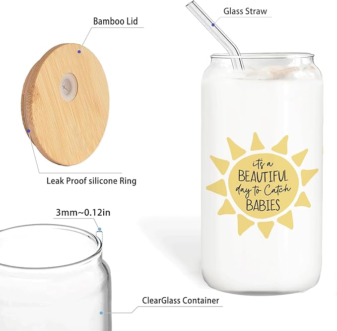 Funny Midwife Doula Gifts Glass Cup with Lids and Straws 14oz - OBGYN Doctor Nurse Labor and Delivery NurseGifts, OBGYN Glass Coffee Tumbler Drinking Jars with Cleaning Brush