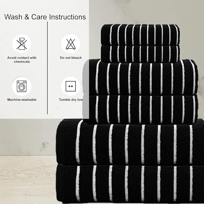 CASA COPENHAGEN Ecstatic 6 Pieces Towel Set- Black, 600 GSM 2 Bath Towel 2 Hand Towel 2 Washcloth, Designed in Denmark Made of Soft Egyptian Cotton for Bathroom, Kitchen & Shower