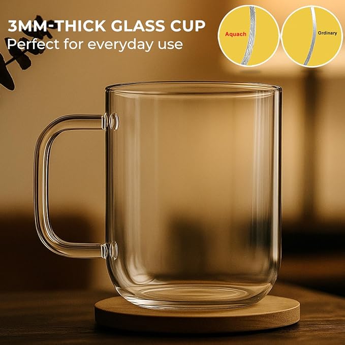 Aquach Glass Mugs 20 oz Set of 2, Extra Large Clear Glass Cup with Handle for Hot/Cold Coffee Tea Beverage, Drinking Glasses