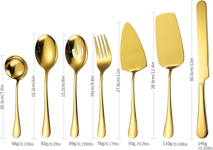 Gold Serving Utensils Set Stainless Steel Large Silverware 7 Piece Include Big Spoon Fork Cake Server Knife Pizza Spatula Pefect for Buffet Catering Flatware