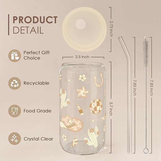Western Cowgirl 16oz Can Glass Tumbler with Acrylic Lid & Straw, Iced Coffee Cup for Women, Aesthetic Cups Gifts for Birthday Christmas