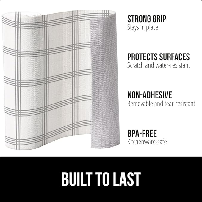 GORILLA GRIP DripGuard Shelf Liner, Non Adhesive Drawer and Kitchen Cabinet Protector, Slip Resistant BPA Free Smooth Surface Plastic Liners for Cabinets, Bathrooms, Closets, 12x120 Inch, White Stripe